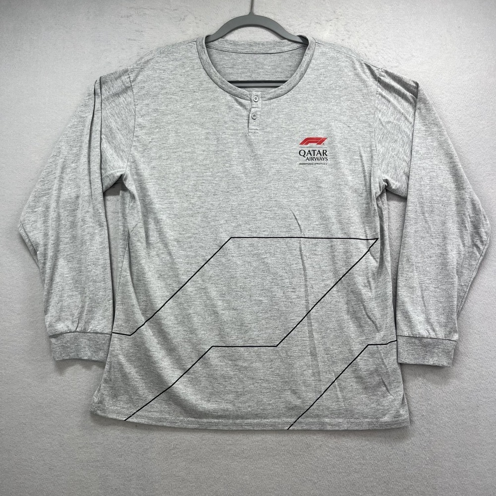 F1 Formula 1 Qatar Airways‎ Henley Shirt Mens Medium M Gray Long Sleeve Graphic